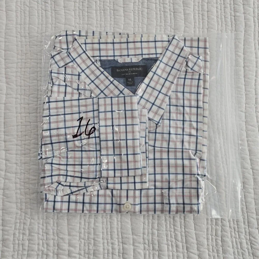 Banana Republic Shirt Men's XL Red White Blue Windowpane‎ Soft Wash Slim Fit EUC